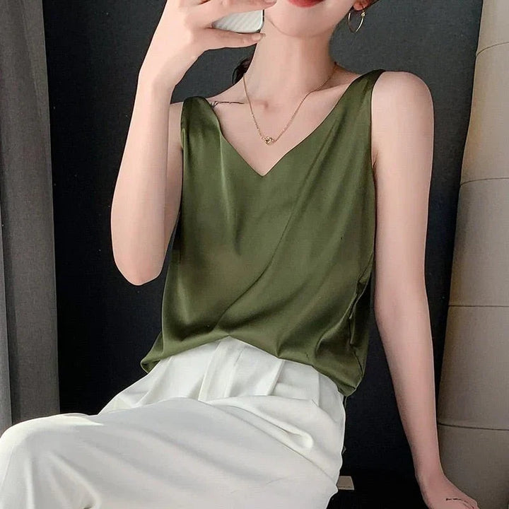 Women's Satin-Look V Neck Tank Top Sleeveless