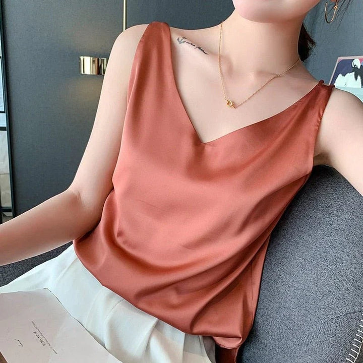 Women's Satin-Look V Neck Tank Top Sleeveless