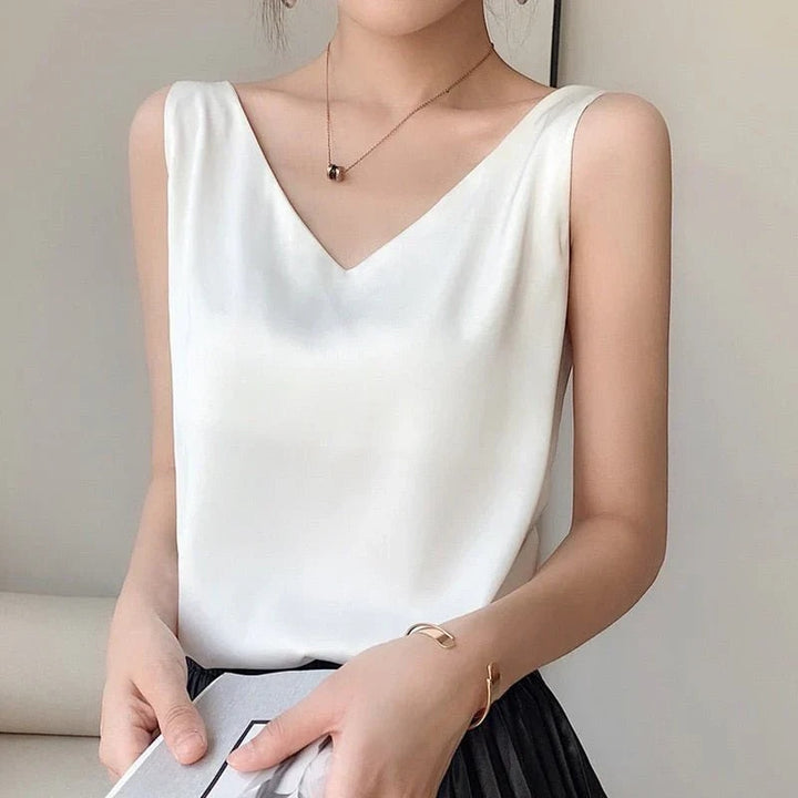 Women's Satin-Look V Neck Tank Top Sleeveless