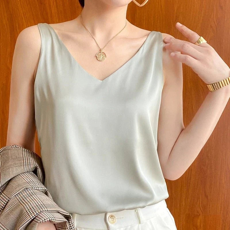 Women's Satin-Look V Neck Tank Top Sleeveless
