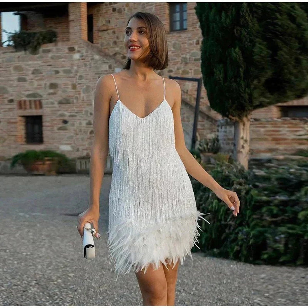Women's Sequin Fringe Mini Cocktail Dress with Feather Trim