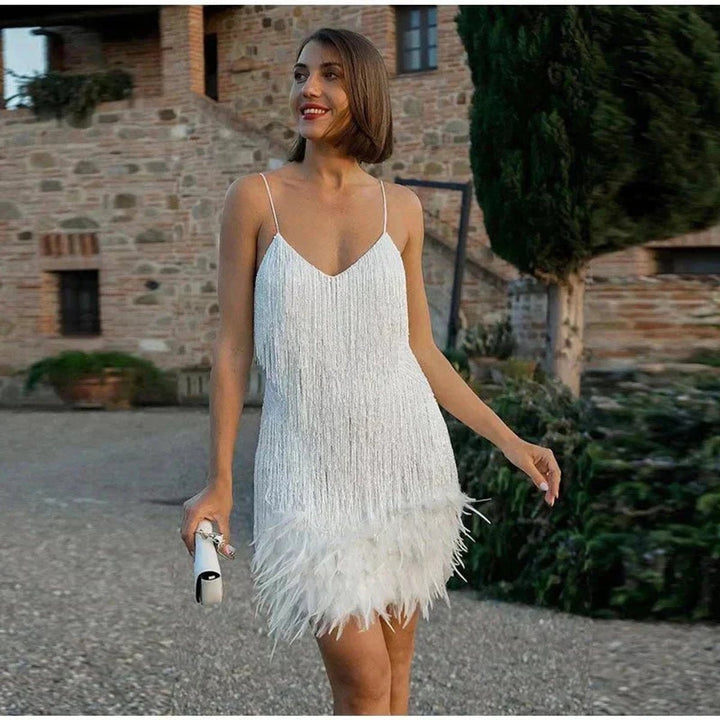 Women's Sequin Fringe Mini Cocktail Dress with Feather Trim