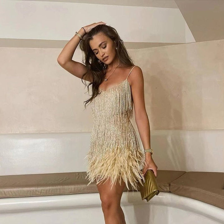 Women's Sequin Fringe Mini Cocktail Dress with Feather Trim