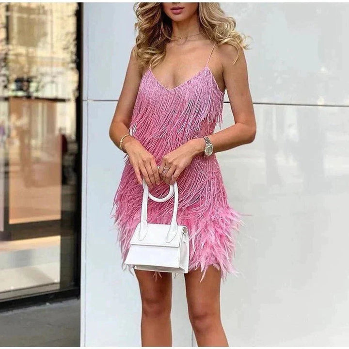 Women's Sequin Fringe Mini Cocktail Dress with Feather Trim