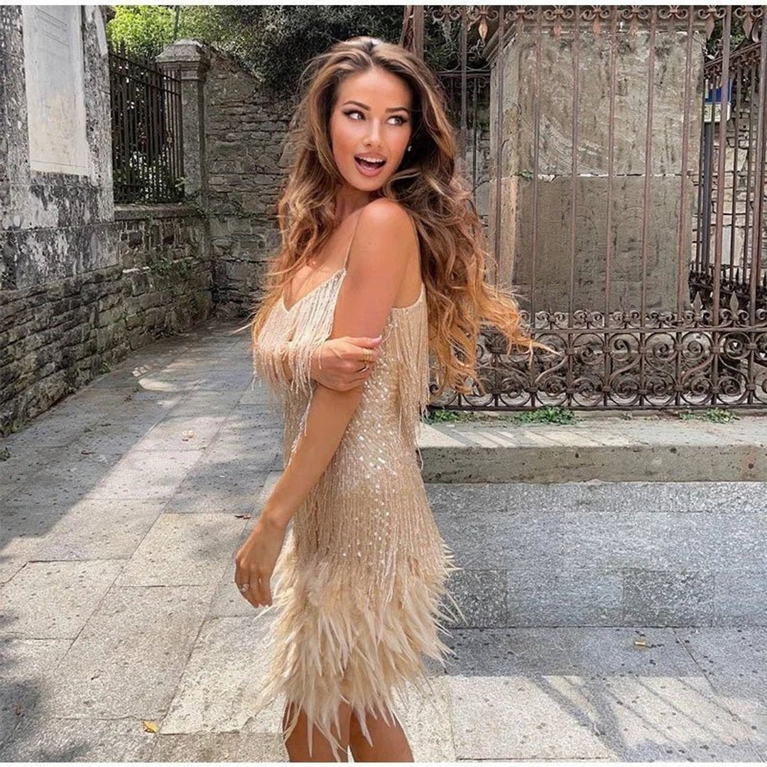 Women's Sequin Fringe Mini Cocktail Dress with Feather Trim