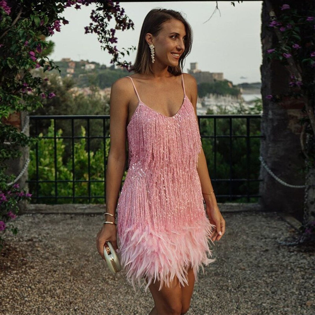 Women's Sequin Fringe Mini Cocktail Dress with Feather Trim