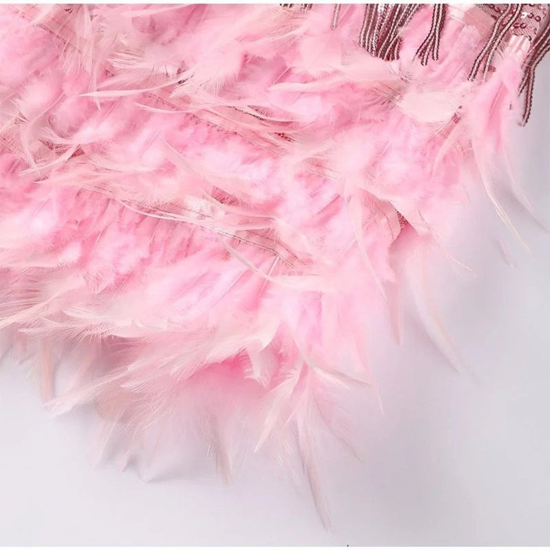 Women's Sequin Fringe Mini Cocktail Dress with Feather Trim