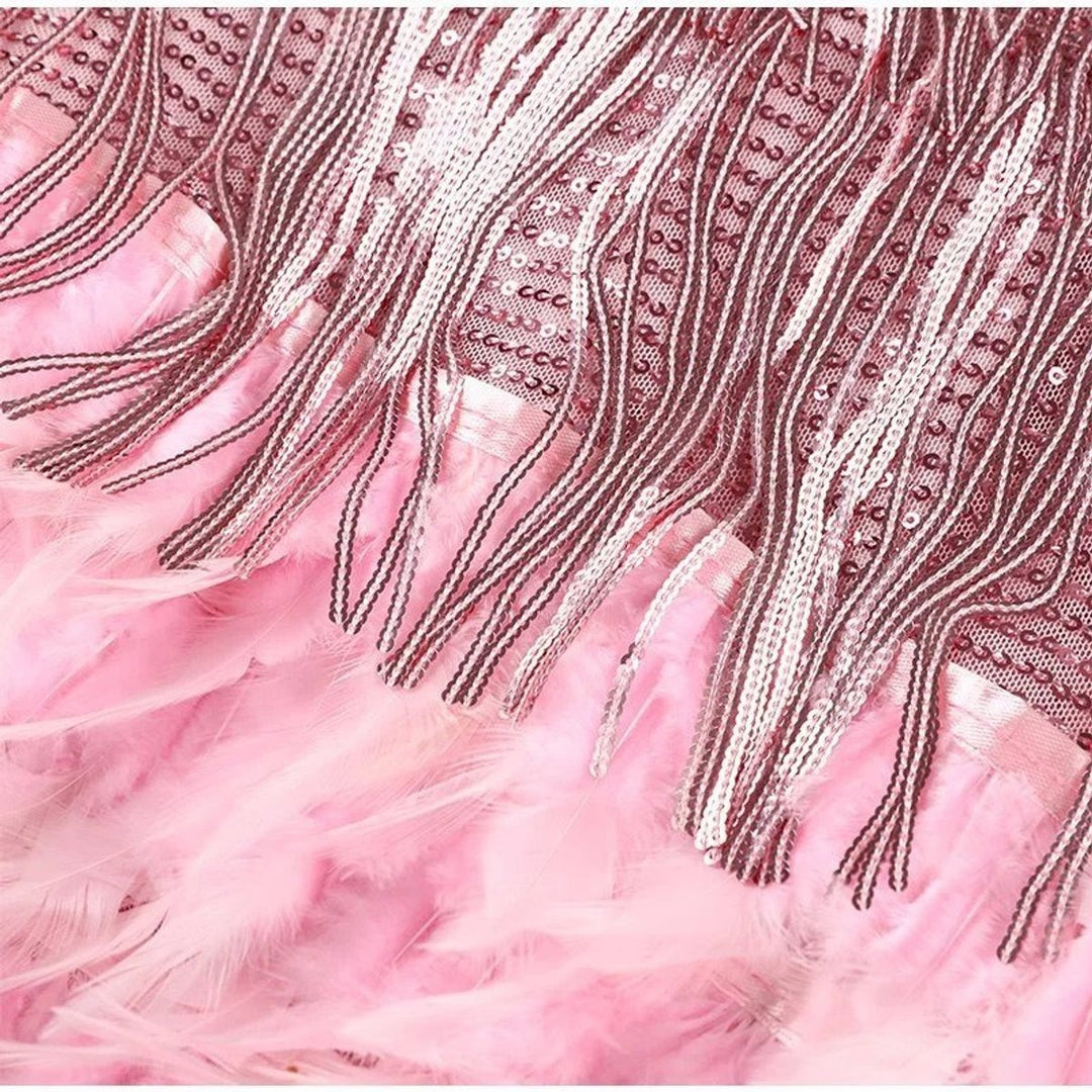 Women's Sequin Fringe Mini Cocktail Dress with Feather Trim