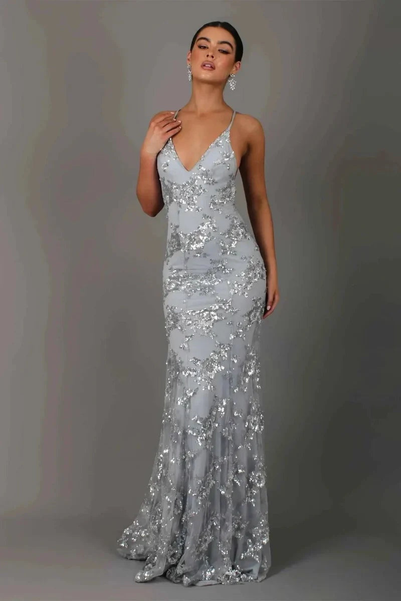 Women's Sequin Graduation Dress Maxi with V-Neck