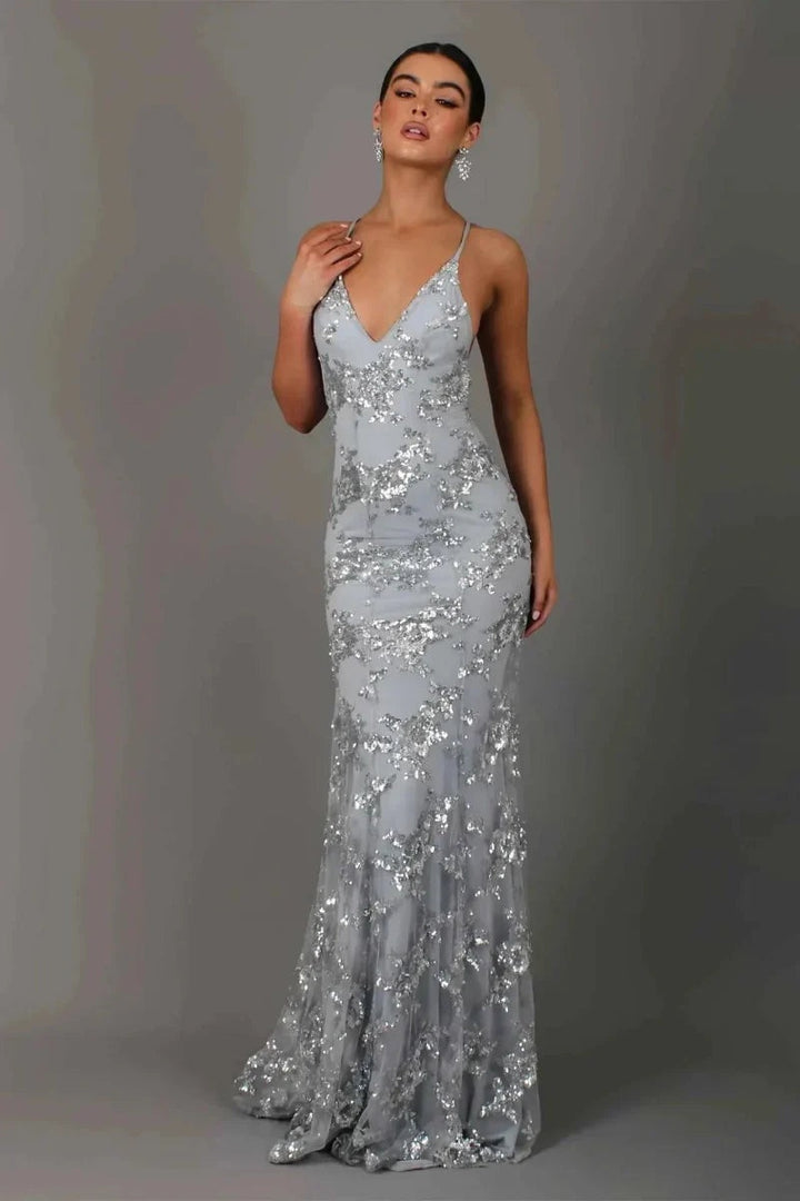 Women's Sequin Graduation Dress Maxi with V-Neck