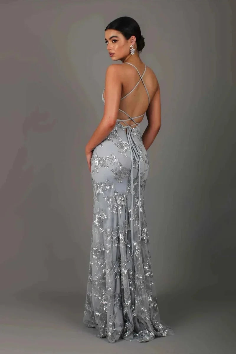 Women's Sequin Graduation Dress Maxi with V-Neck