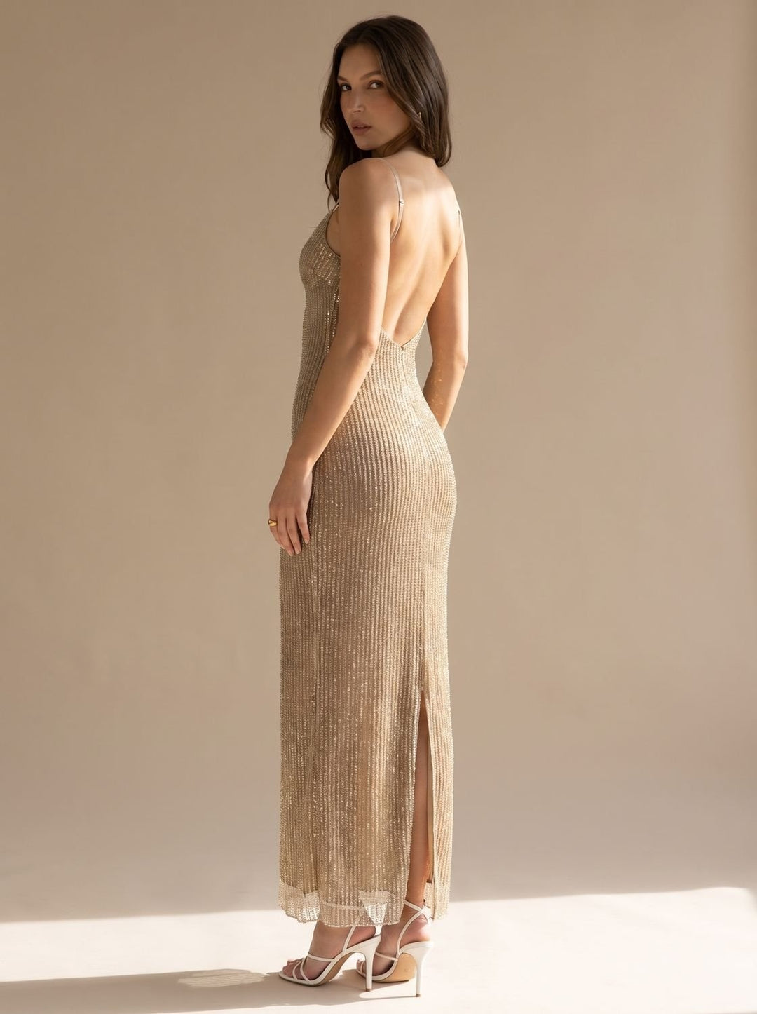 Women's Sequin Maxi Cocktail Dress with Open Back