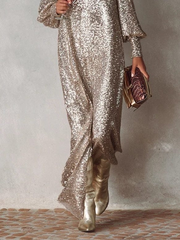 Women's Sequin Maxi Party Dress with Long Sleeves