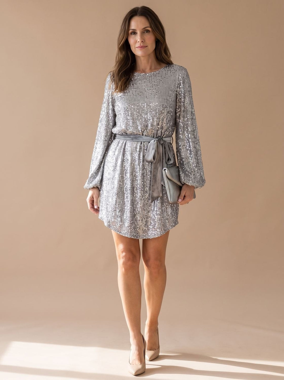 Women's Sequin Mini Cocktail Dress with Balloon Sleeves