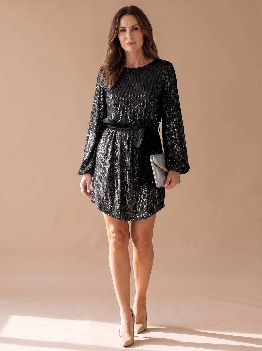 Women's Sequin Mini Cocktail Dress with Balloon Sleeves