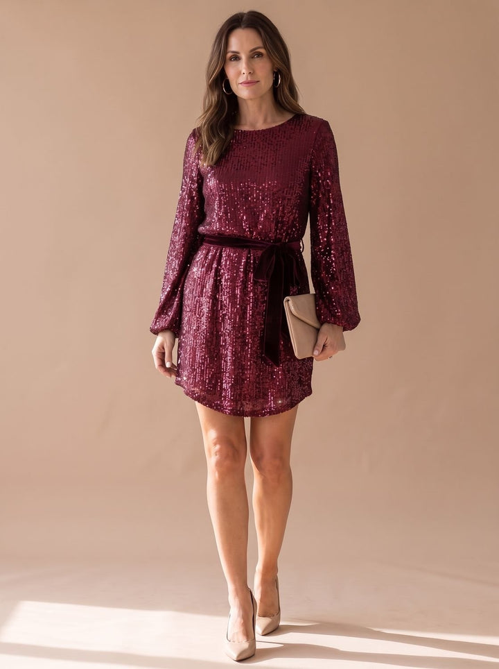 Women's Sequin Mini Cocktail Dress with Balloon Sleeves