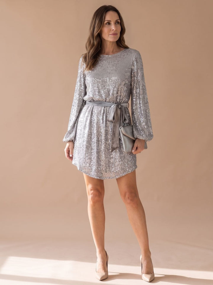 Women's Sequin Mini Cocktail Dress with Balloon Sleeves