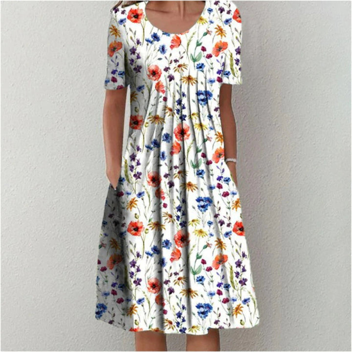 Women's Short Sleeve Floral Midi Dress with Pockets