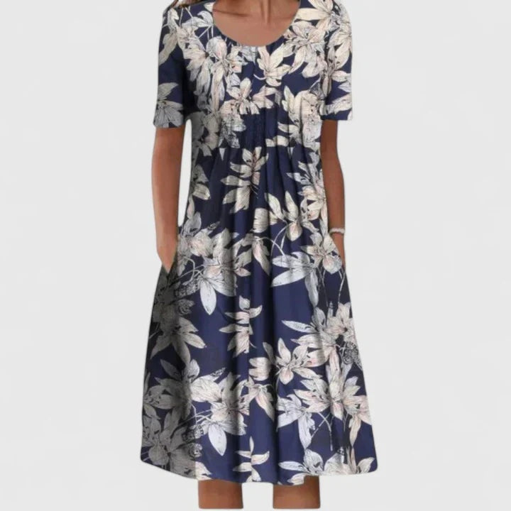Women's Short Sleeve Floral Midi Dress with Pockets