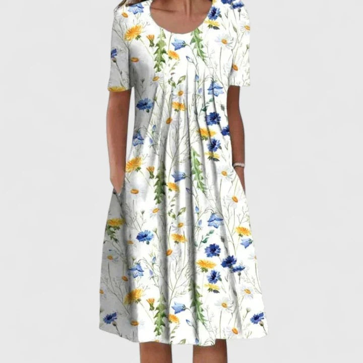 Women's Short Sleeve Floral Midi Dress with Pockets
