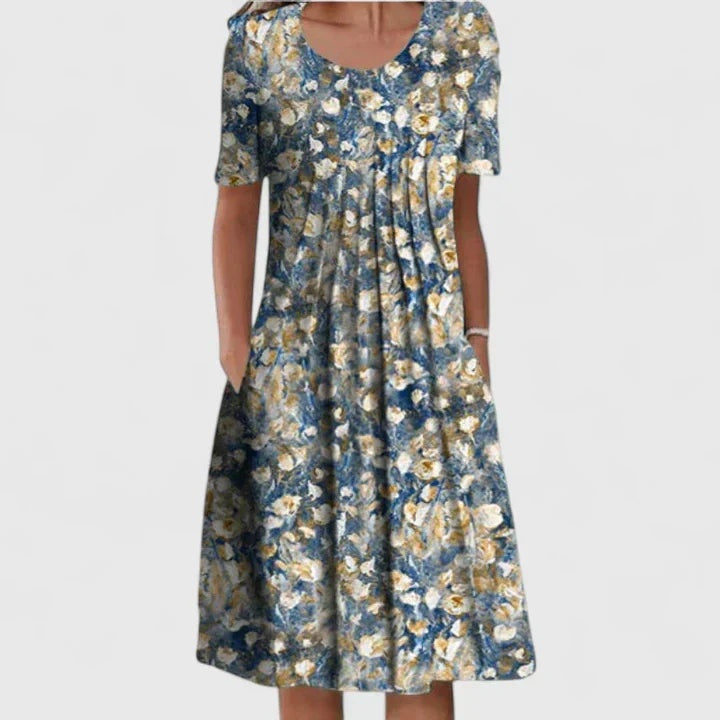 Women's Short Sleeve Floral Midi Dress with Pockets