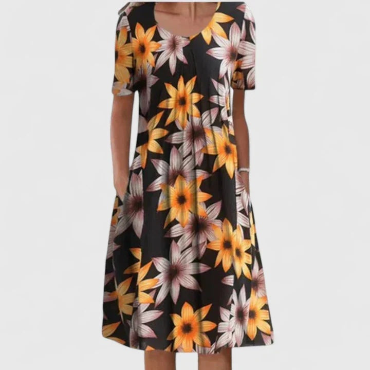 Women's Short Sleeve Floral Midi Dress with Pockets