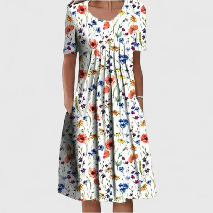Women's Short Sleeve Floral Midi Dress with Pockets