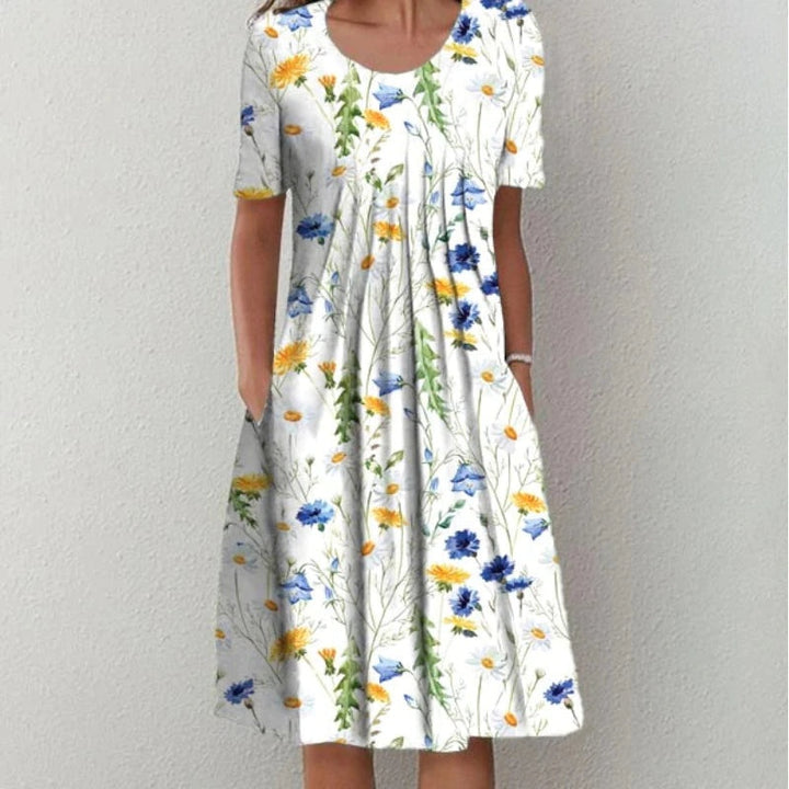 Women's Short Sleeve Floral Midi Dress with Pockets