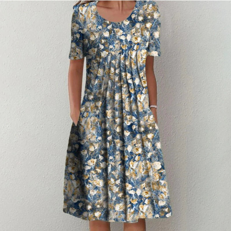 Women's Short Sleeve Floral Midi Dress with Pockets