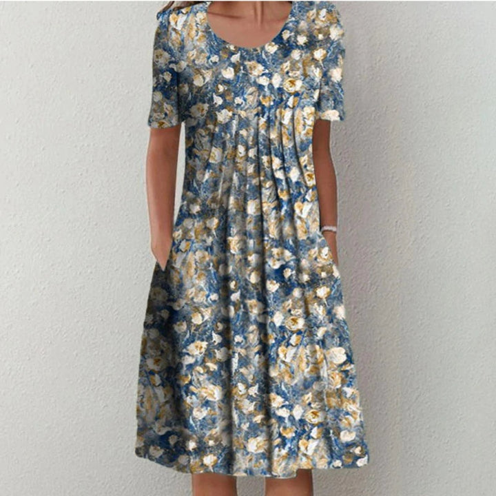 Women's Short Sleeve Floral Midi Dress with Pockets