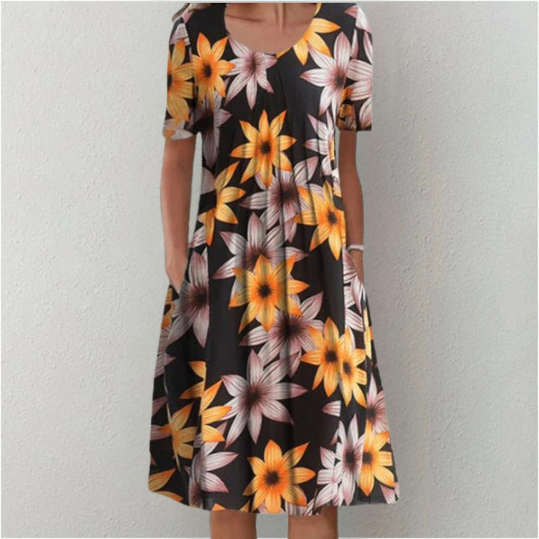 Women's Short Sleeve Floral Midi Dress with Pockets