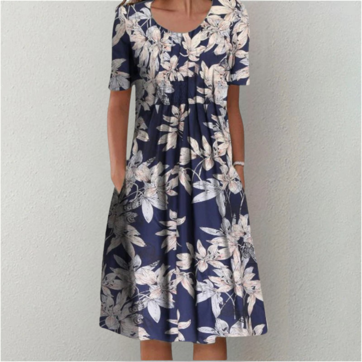 Women's Short Sleeve Floral Midi Dress with Pockets