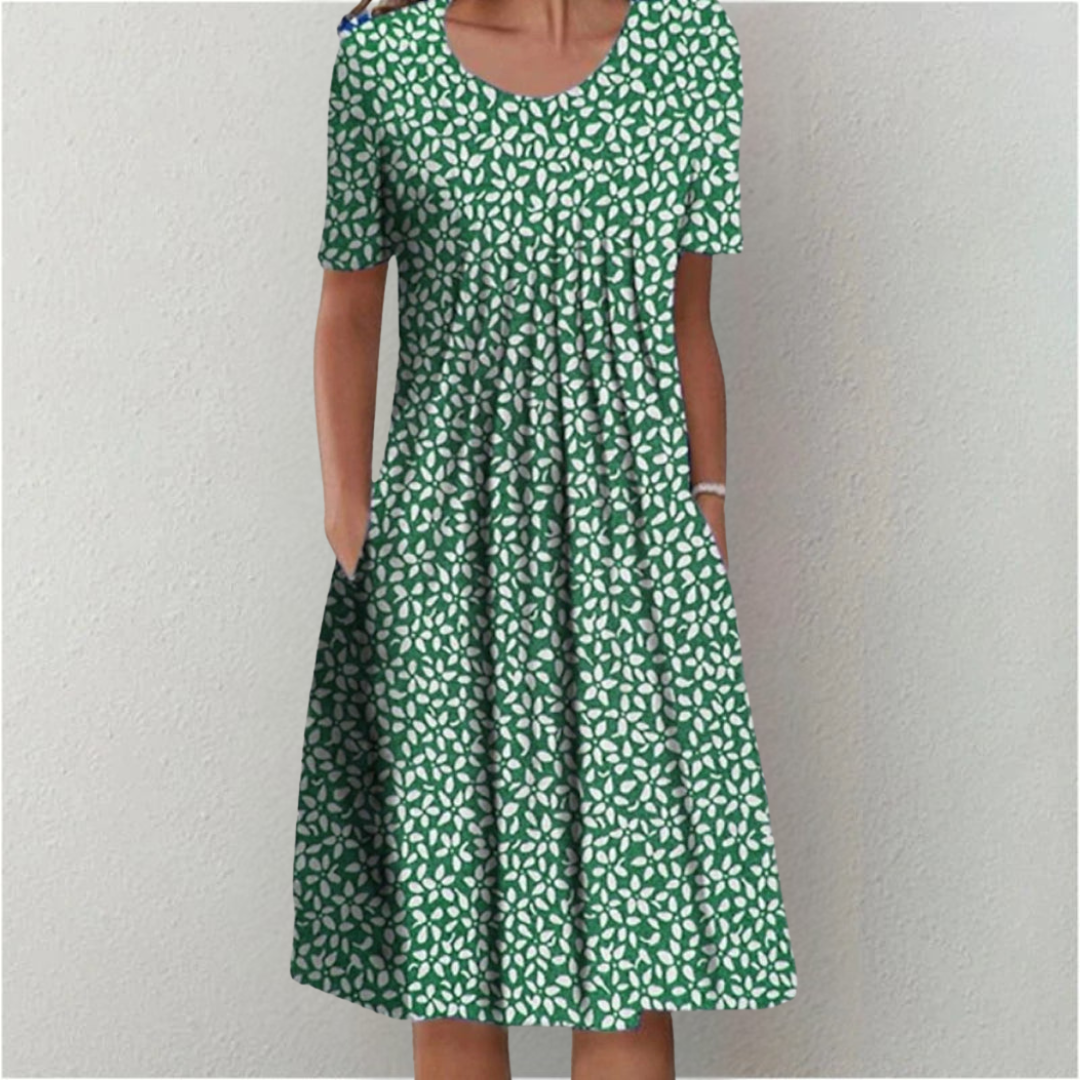 Women's Short Sleeve Floral Midi Dress with Pockets