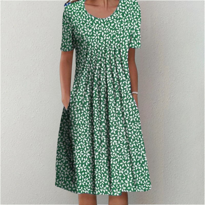 Women's Short Sleeve Floral Midi Dress with Pockets