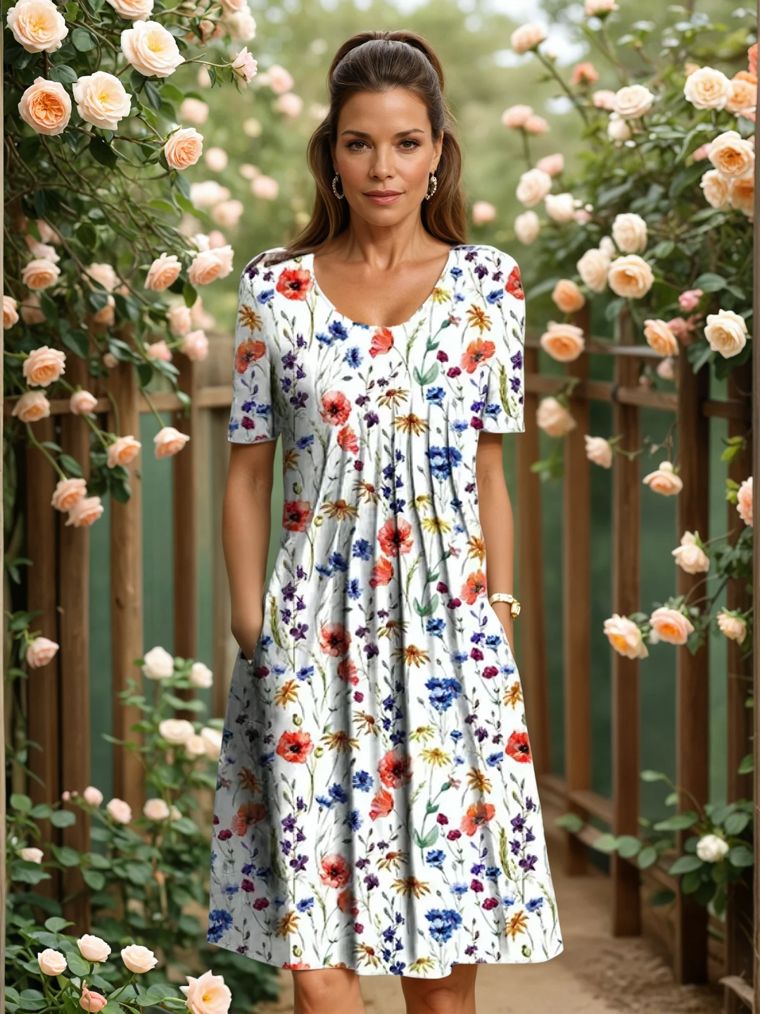 Women's Short Sleeve Floral Summer Dress with Pockets