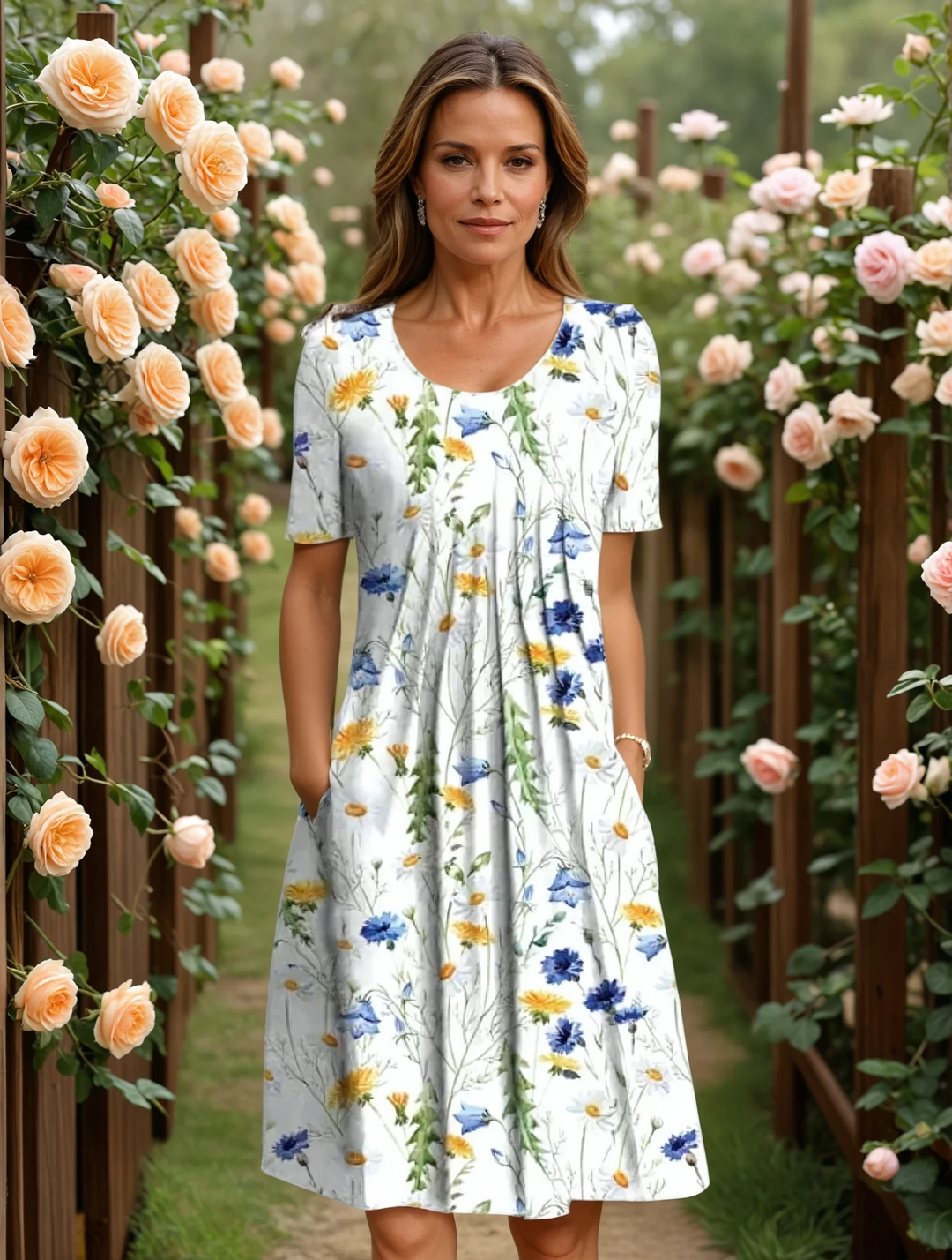 Women's Short Sleeve Floral Summer Dress with Pockets