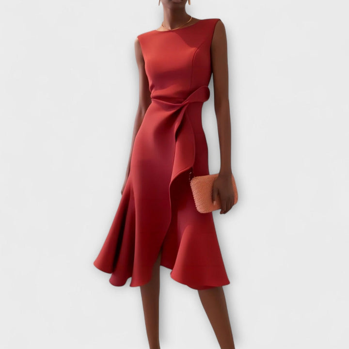 Women's Sleeveless Cocktail Midi Dress with Ruffle