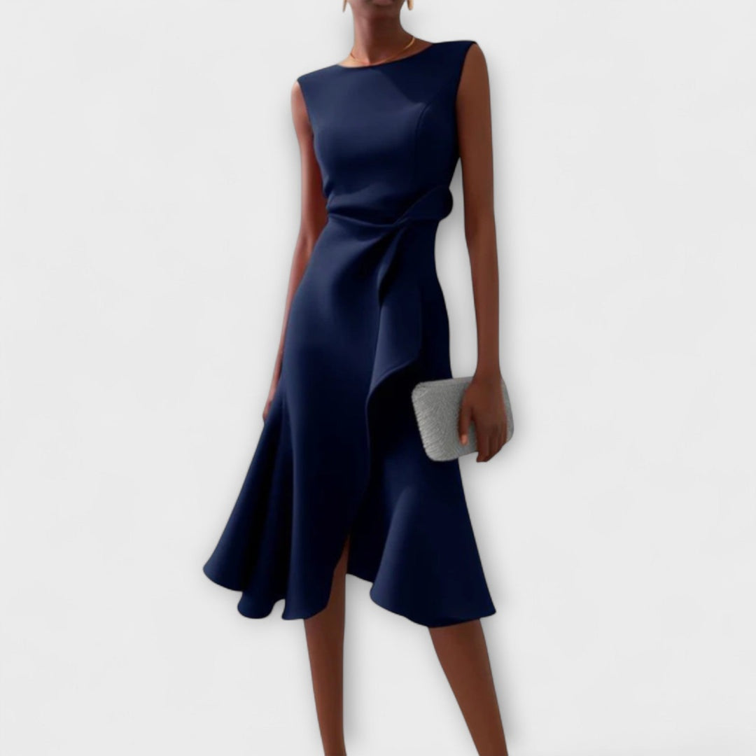 Women's Sleeveless Cocktail Midi Dress with Ruffle