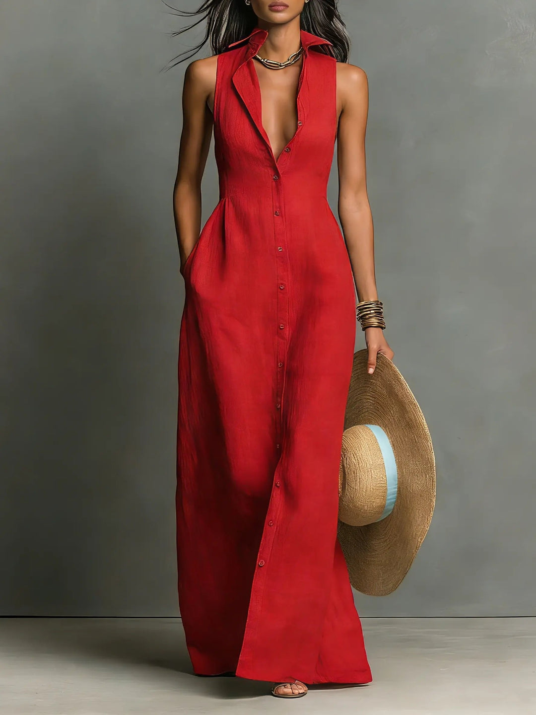 Women's Sleeveless Linen Maxi Shirt Dress with Pockets
