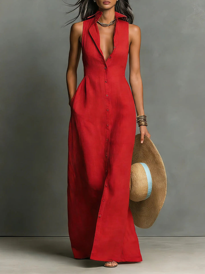 Women's Sleeveless Linen Maxi Shirt Dress with Pockets