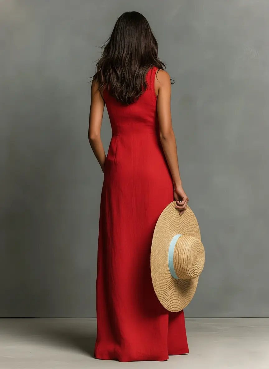 Women's Sleeveless Linen Maxi Shirt Dress with Pockets