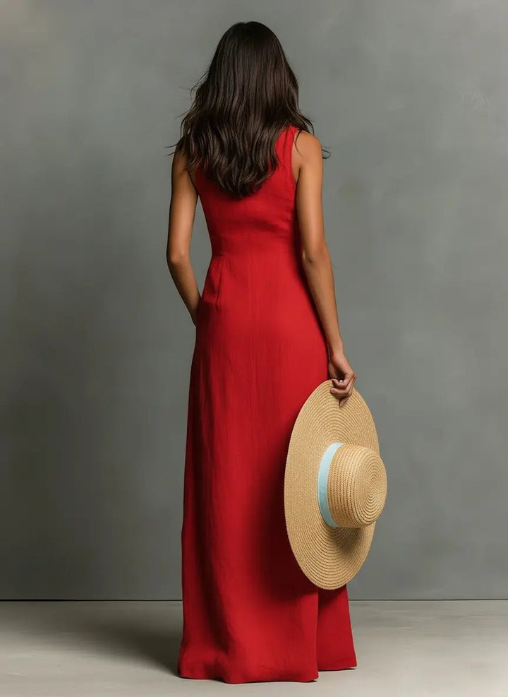 Women's Sleeveless Linen Maxi Shirt Dress with Pockets