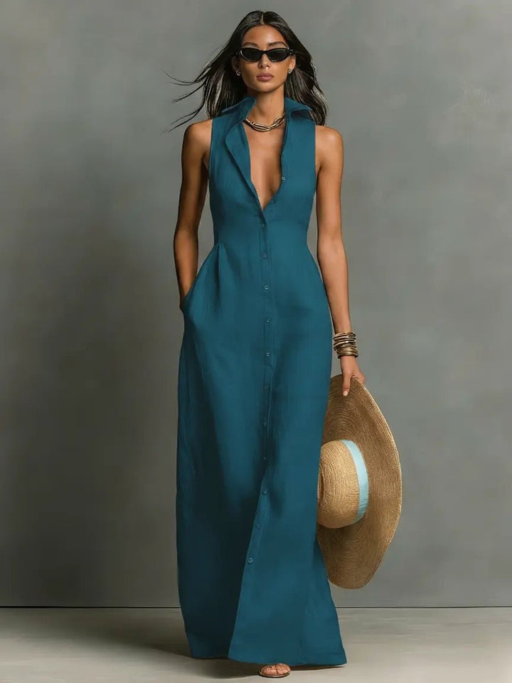 Women's Sleeveless Linen Maxi Shirt Dress with Pockets