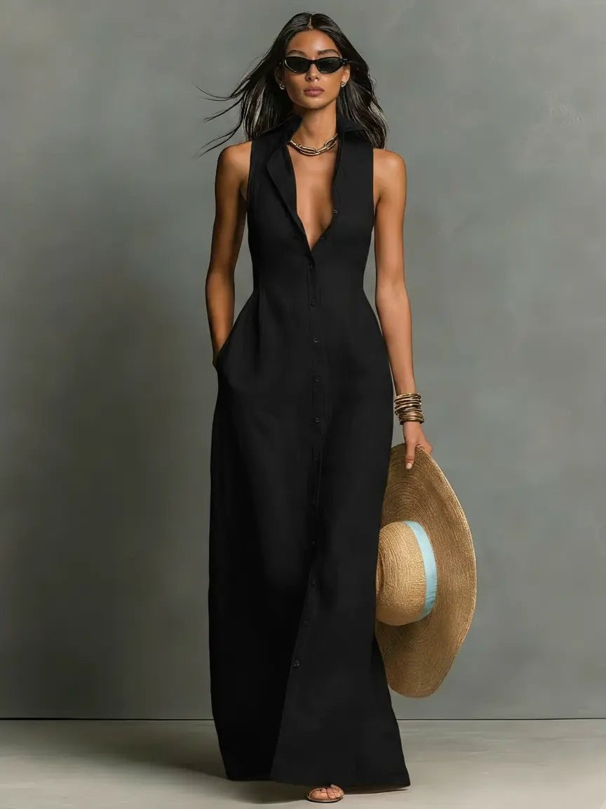 Women's Sleeveless Linen Maxi Shirt Dress with Pockets