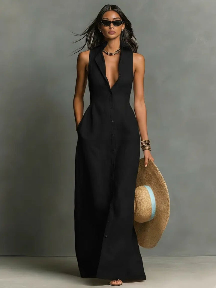 Women's Sleeveless Linen Maxi Shirt Dress with Pockets