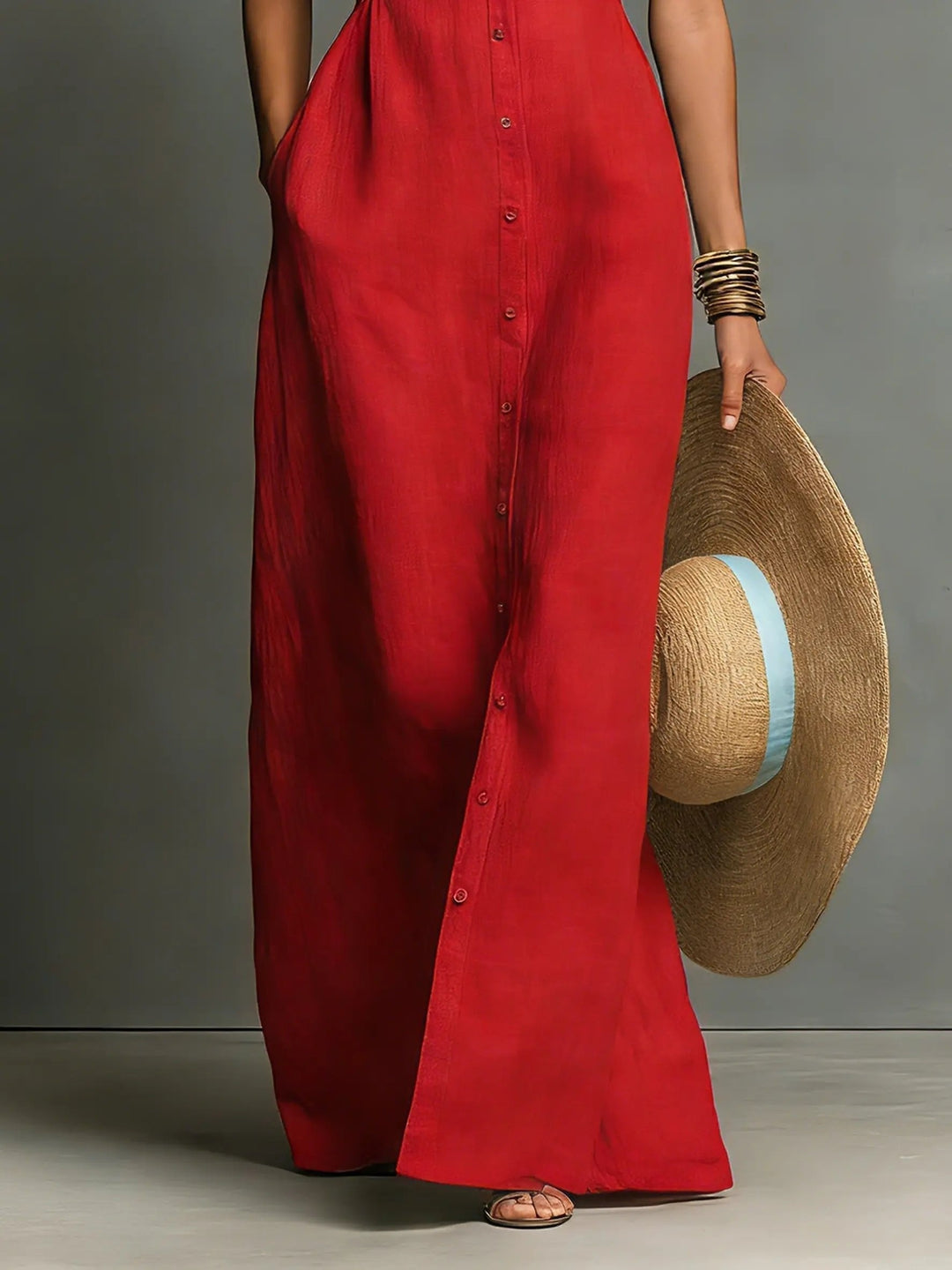 Women's Sleeveless Linen Maxi Shirt Dress with Pockets