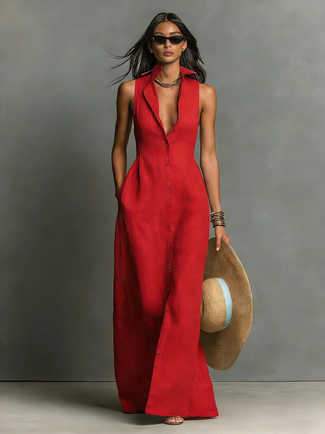 Women's Sleeveless Linen Maxi Shirt Dress with Pockets