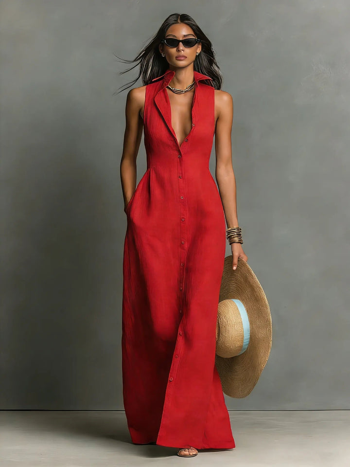 Women's Sleeveless Linen Maxi Shirt Dress with Pockets
