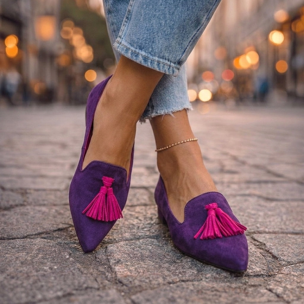 Women's Slip On Tassel Loafers Pointed Toe Suede-Look