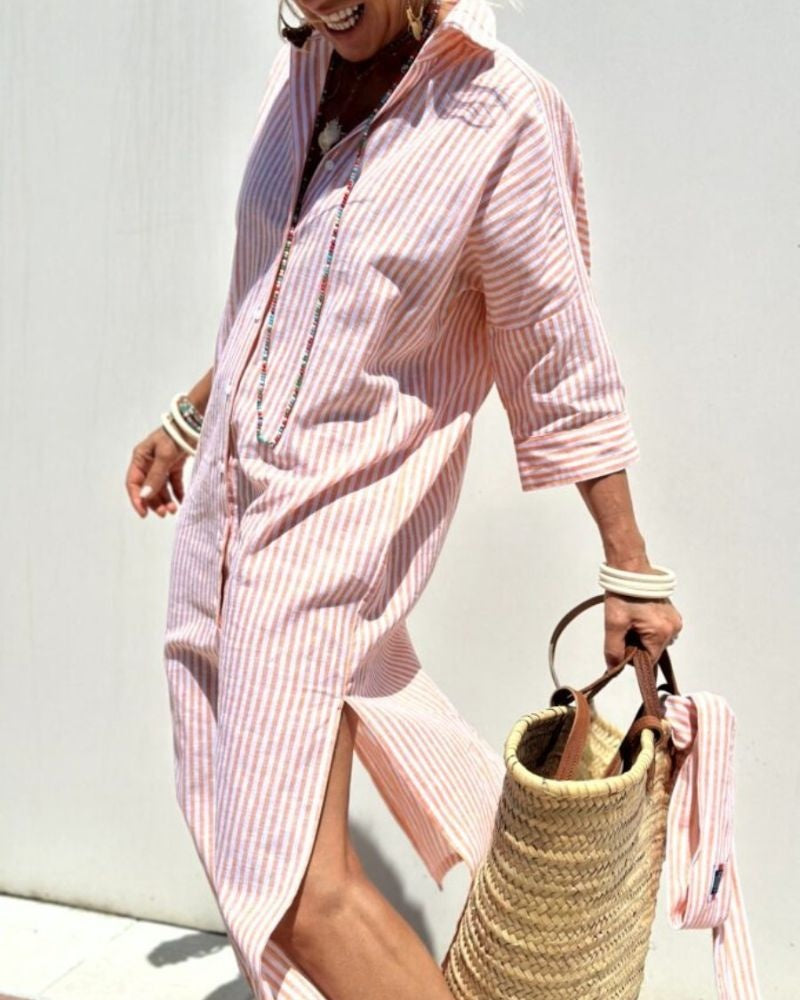 Women's Striped Midi Shirt Dress with Button Front